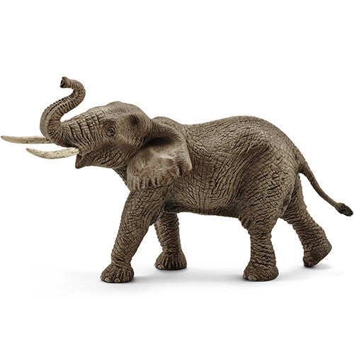 Schleich dierenfiguurtje van een bruine Afrikaanse olifantenstier met slurf omhoog.