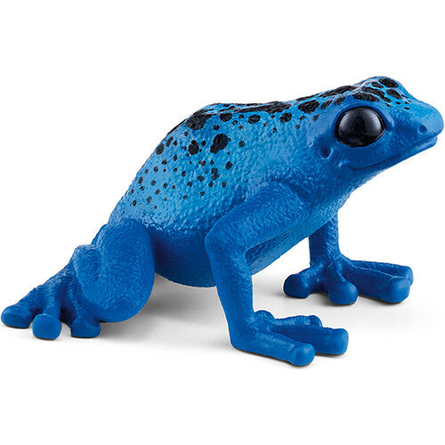Schleich dierenfiguurtje van een blauwe pijlgifkikker met zwarte stippen.