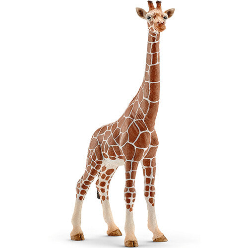 Schleich dierenfiguurtje van een staande giraffe met bruine vlekken.