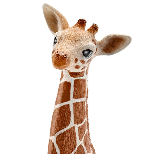 Detailfoto van de kop en nek van het giraffenkalf dierenfiguurtje.