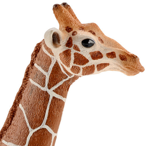 Detailopname van de kop en nek van het Schleich giraffenstier speelgoedfiguur.