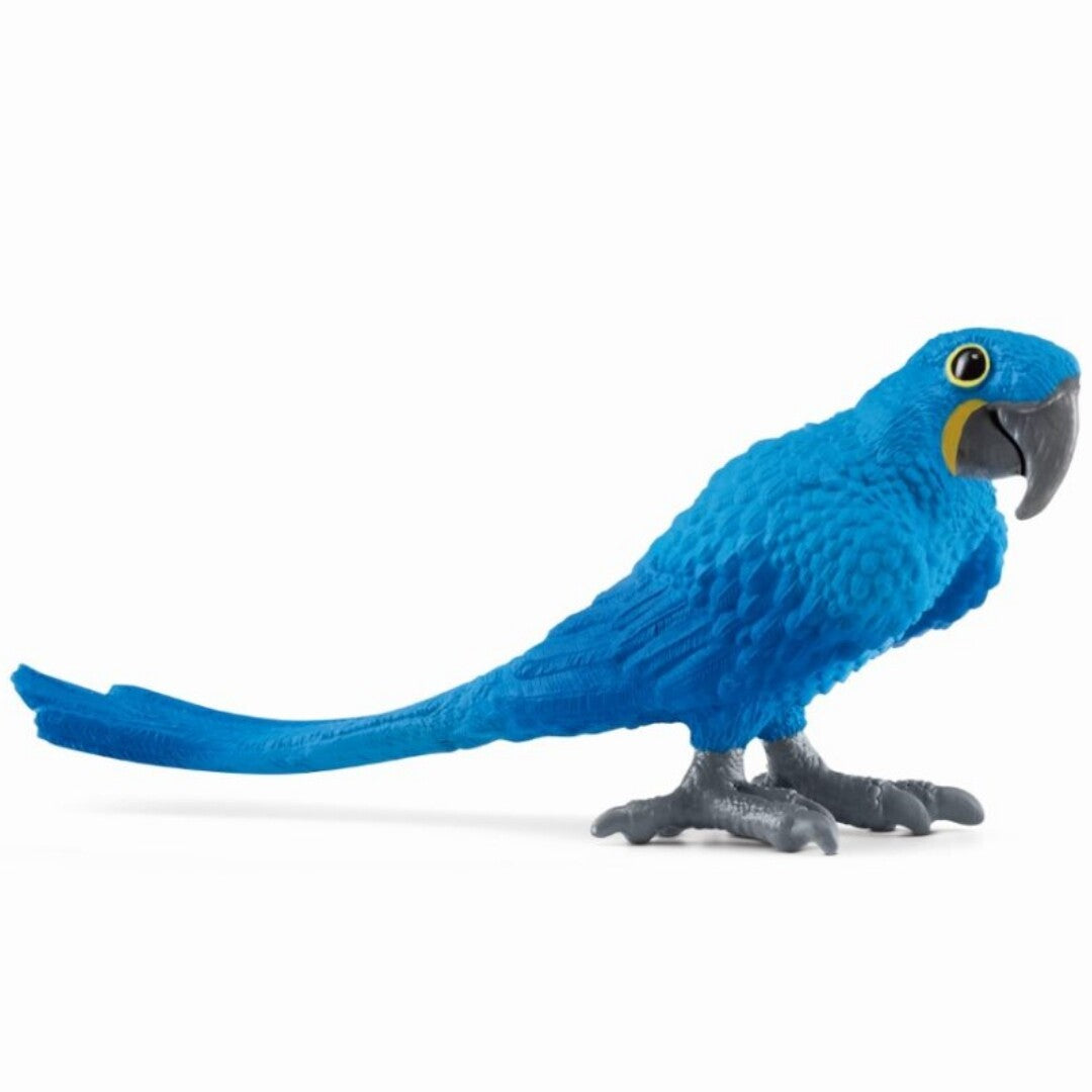 Schleich plastic dierenfiguurtje van een blauwe hyacintara, van opzij gezien.