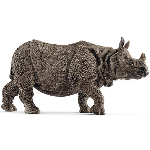 Schleich wild life Indische neushoorn dierenfiguurtje, staand, van de zijkant gefotografeerd.