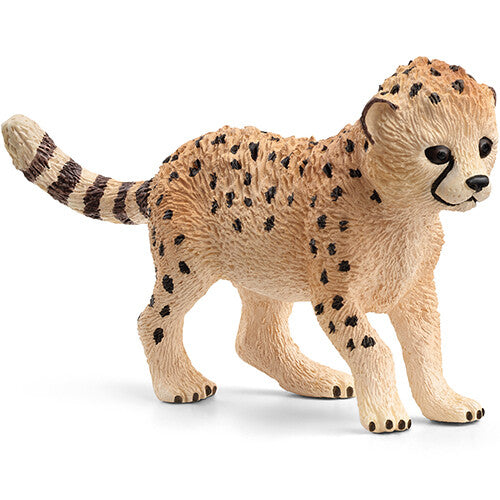 Schleich jachtluipaardwelp dierenfiguurtje van plastic, schuin van voren gefotografeerd.