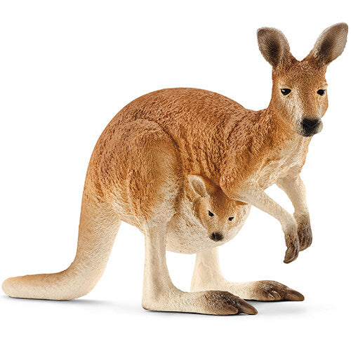 Schleich plastic dierenfiguur van een bruine kangoeroe met een jong in de buidel.