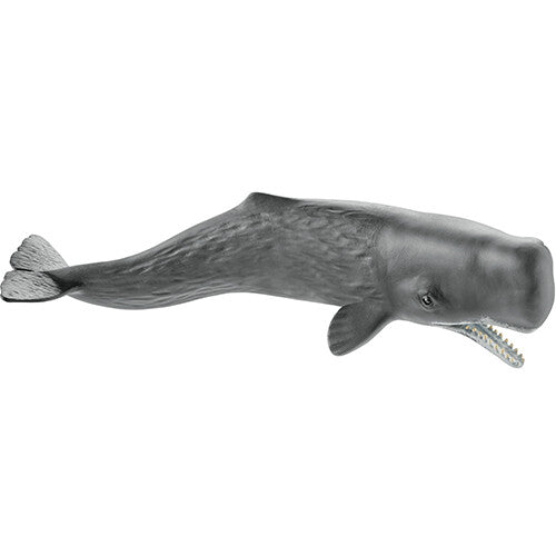 Schleich speelgoedfiguur van een grijze potvis met open bek, tegen een witte achtergrond.