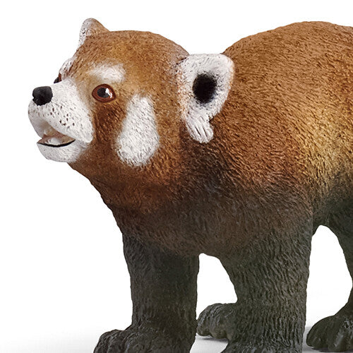 Detailopname van de kop en voorpoten van het Schleich rode panda dierenfiguurtje.