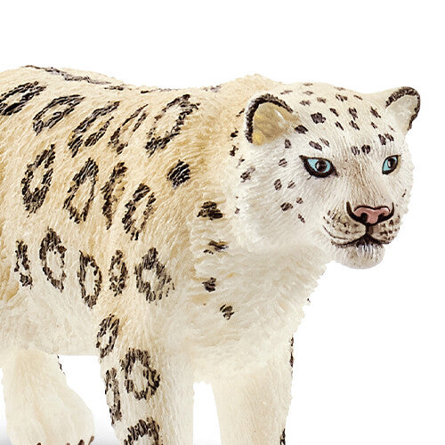 Detailfoto van de kop en voorpoten van het Schleich sneeuwluipaard dierenfiguurtje.