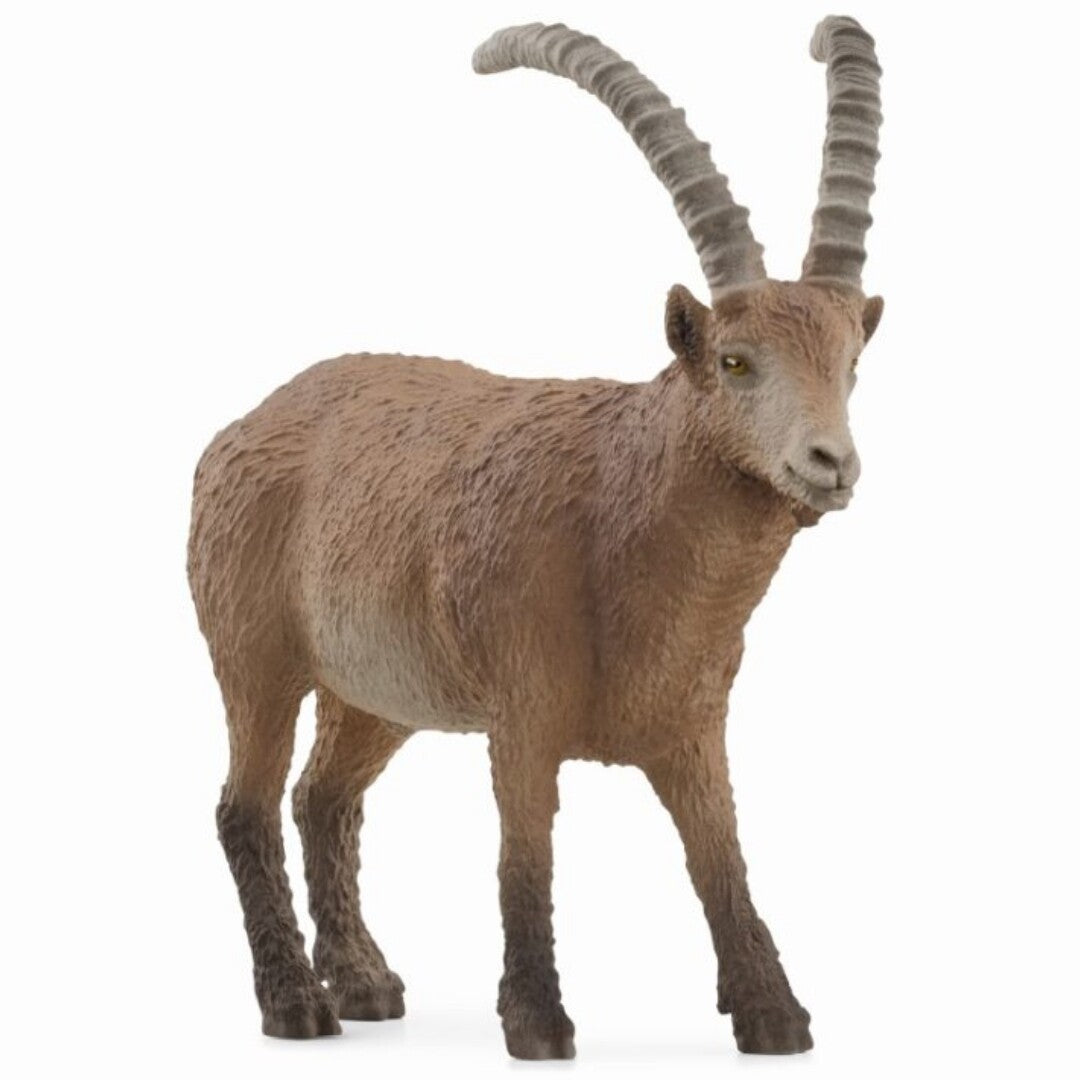 Schleich dierenfiguurtje van een bruine steenbok, staand en schuin van voren gefotografeerd.