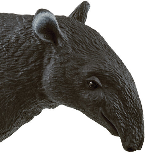 Detailopname van de zwarte kop van het Schleich tapir speelgoedfiguur.