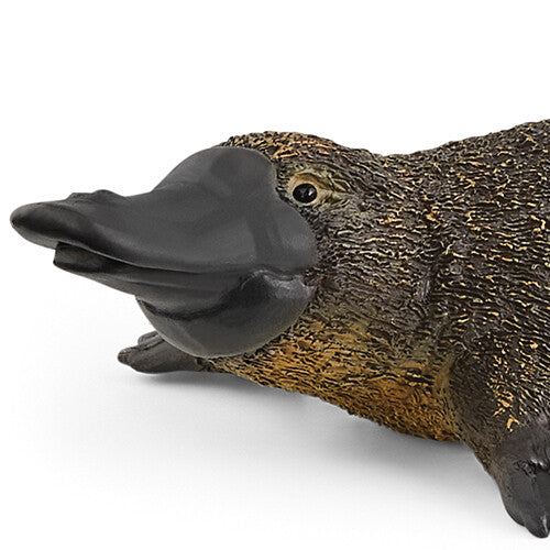 Close-up van de kop van het Schleich vogelbekdier figuurtje.