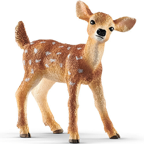 Schleich plastic dierenfiguurtje van een bruin witstaarthertenjong met witte stippen.