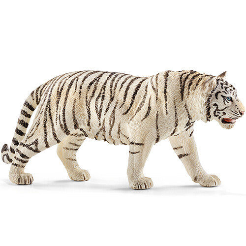 Schleich dierenfiguurtje van een witte tijger, van opzij gezien.