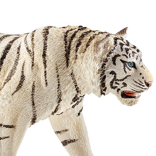 Detailfoto van de kop en voorpoten van het Schleich witte tijger dierenfiguurtje.