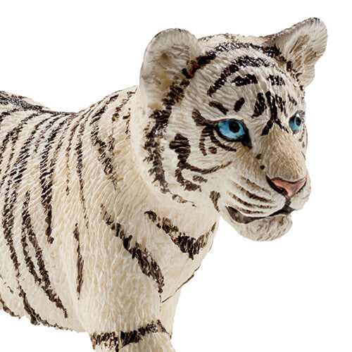 Detailopname van de kop van het Schleich dierenfiguurtje van een witte tijgerwelp.