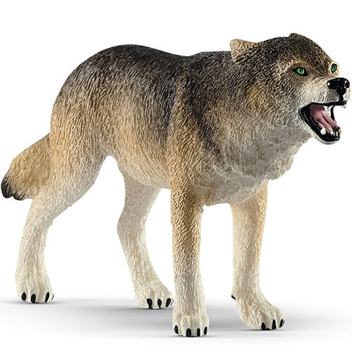 Schleich plastic dierenfiguurtje van een wolf met open bek.