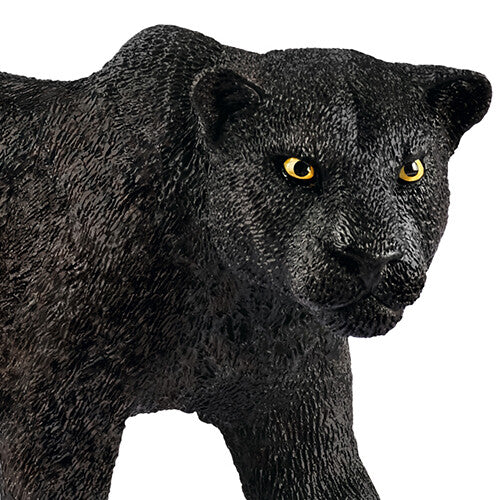 Detailopname van de kop en voorkant van het zwarte panter dierenfiguur.