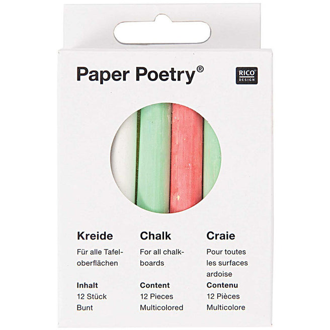 Verpakking van Rico Design Paper Poetry schoolbordkrijtjes, met een venster dat gekleurde krijtjes toont.