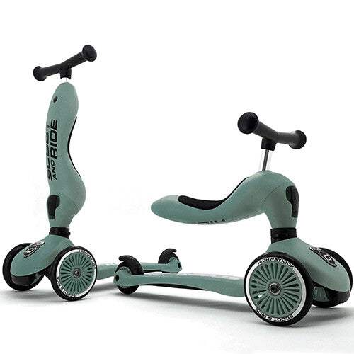 Scoot & Ride Highwaykick 1 2-in-1 loopfiets en step in groene kleur, getoond in zowel step- als loopfiets-modus.