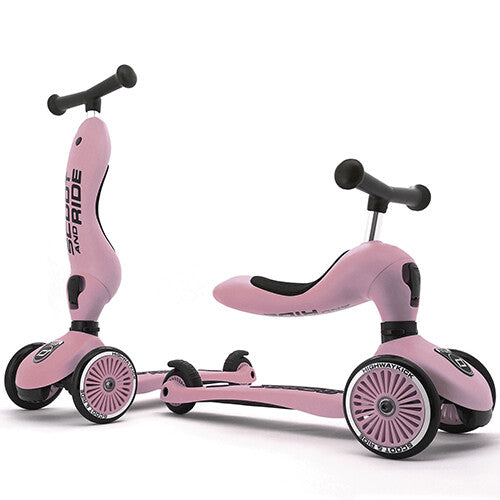 Twee roze Scoot & Ride Highwaykick 1 2-in-1 loopfietsen en steps, één in stepmodus en één in loopfietsmodus.