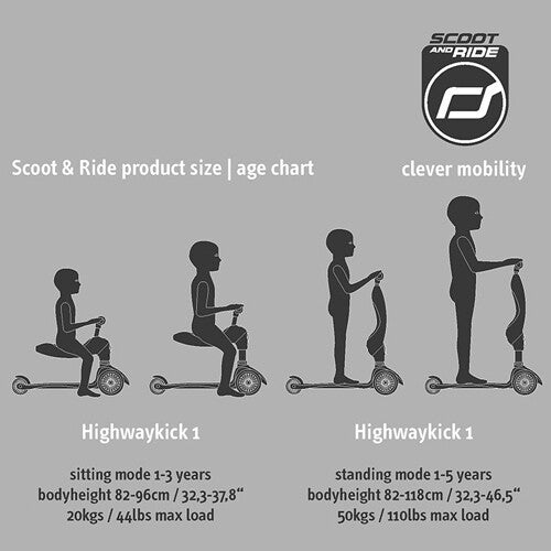 Infographic met de Scoot & Ride productmaten en leeftijdsgrafiek voor de Highwaykick 1 in zit- en sta-modus.