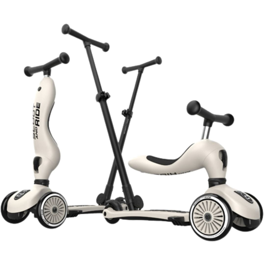 Twee Scoot & Ride 2-in-1 loopfietsen en steps in beige kleur, één als step en één als loopfiets.