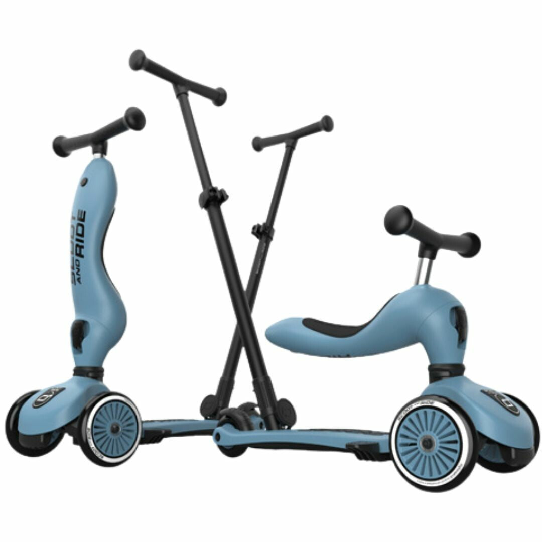 Twee blauwe Scoot & Ride 2-in-1 loopfietsen en steps, één als step en één als loopfiets.