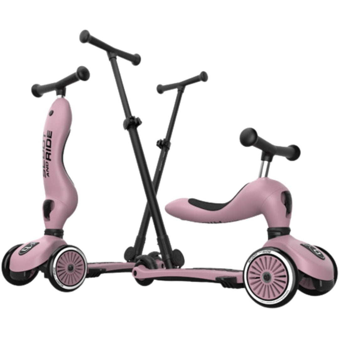 Twee roze Scoot & Ride 2-in-1 loopfietsen en steps, één als step en één als loopfiets, op een witte achtergrond.