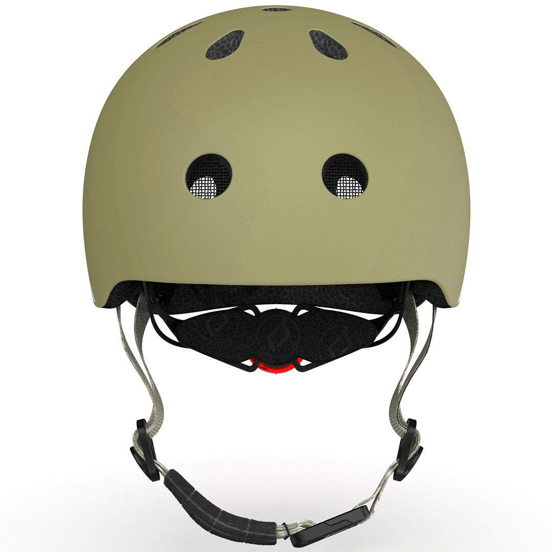 Scoot & Ride kinderhelm in olijfgroen, van voren gezien.