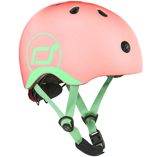 Scoot & Ride kinderhelm in roze met lichtgroene details en logo.