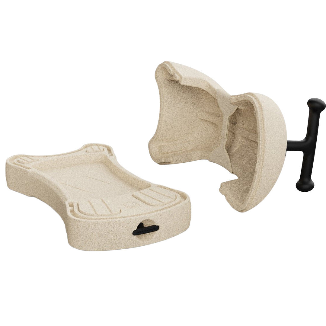 De Scoot & Ride beige foam loopwagen in twee losse delen met het zwarte handvat ernaast.