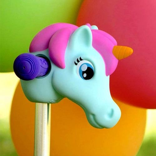 scootaheadz kinderstep accessoire met mintkleurig eenhoornhoofd, roze manen, gele hoorn en paarse handgreep.