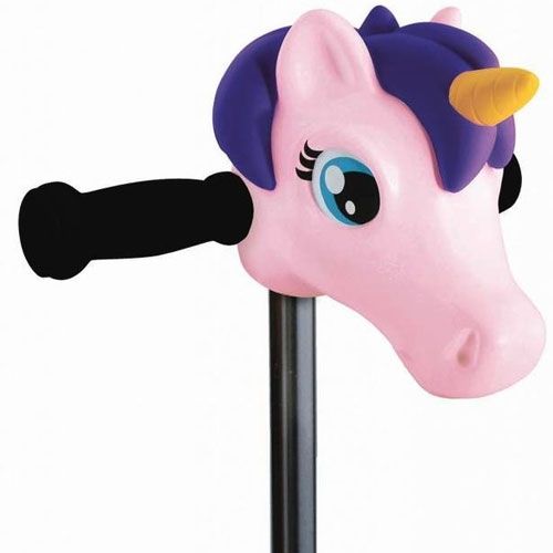 Scootaheadz kinderstep accessoire, een roze eenhoornhoofd met paarse manen en een zwarte handgreep.