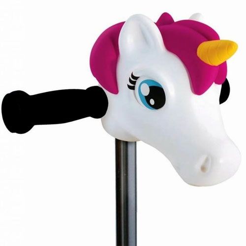 Scootaheadz kinderstep accessoire eenhoornhoofd met roze manen en geel hoorntje, bevestigd aan een zwart handvat.