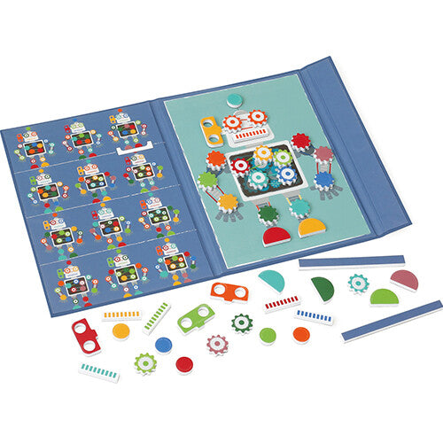 Open Scratch Europe magneetboek Edulogic met robotonderdelen en voorbeeldrobots, met losse magnetische stukken ernaast.