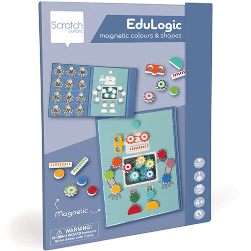 De verpakking van het Scratch Europe Edulogic magneetboek met robotthema, met afbeeldingen van het boek en de magnetische onderdelen.