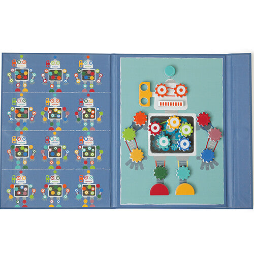 Het open Scratch Europe magneetboek Edulogic met een complete robot en voorbeeldrobots, van bovenaf gezien.