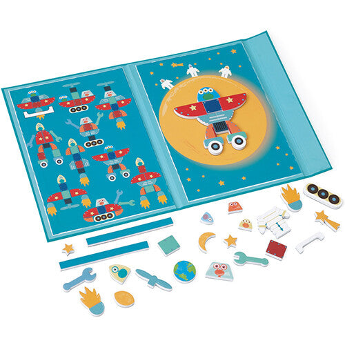 Scratch Europe magnetisch speelgoed met open magneetboek en losse ruimtefiguren en robotonderdelen.