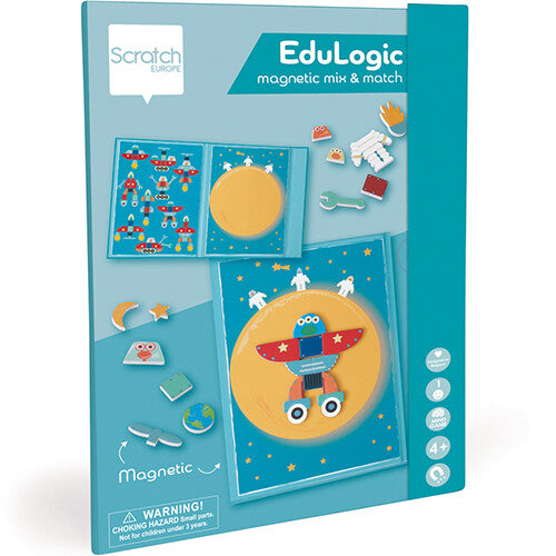 De verpakking van het Scratch Europe EduLogic magnetisch speelgoed met ruimte- en robotthema.