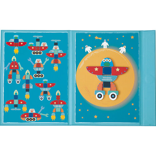 Het Scratch Europe magnetisch speelboek open, met voorbeelden van robots en een robot op de maan.