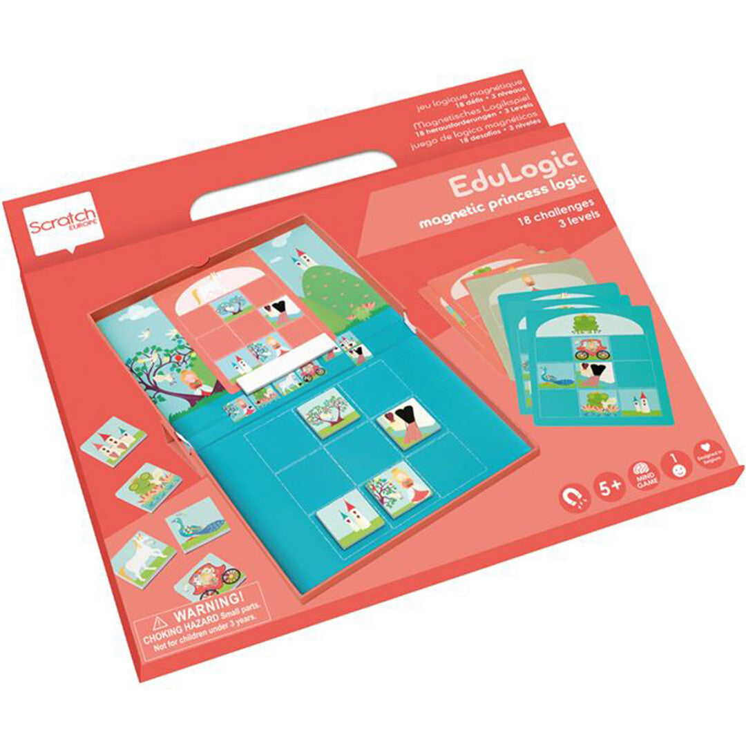 De verpakking van het Scratch Europe magnetisch denkspel met prinses en eenhoorn thema.