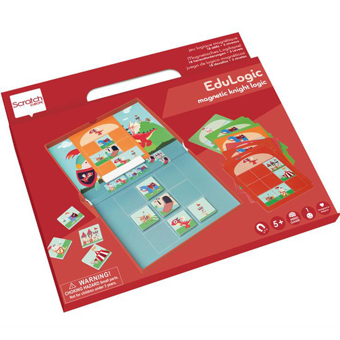 Verpakking van het Scratch Europe magnetisch denkspel met ridders en draken.