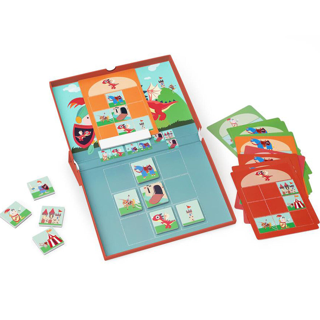 Open magnetisch denkspel met ridders en draken, met enkele puzzelstukjes en opdrachtkaarten.