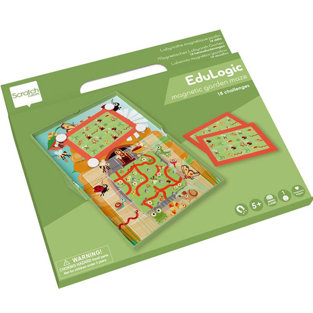 De groene verpakking van het Scratch Europe magnetisch doolhofspel, met de titel 'EduLogic magnetic garden maze' en een afbeelding van het spel.