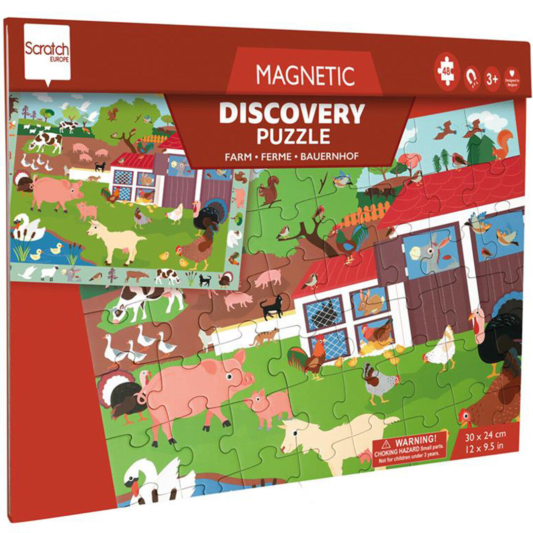 Verpakking van de Scratch Europe magnetische boerderij puzzel met 48 stukjes.
