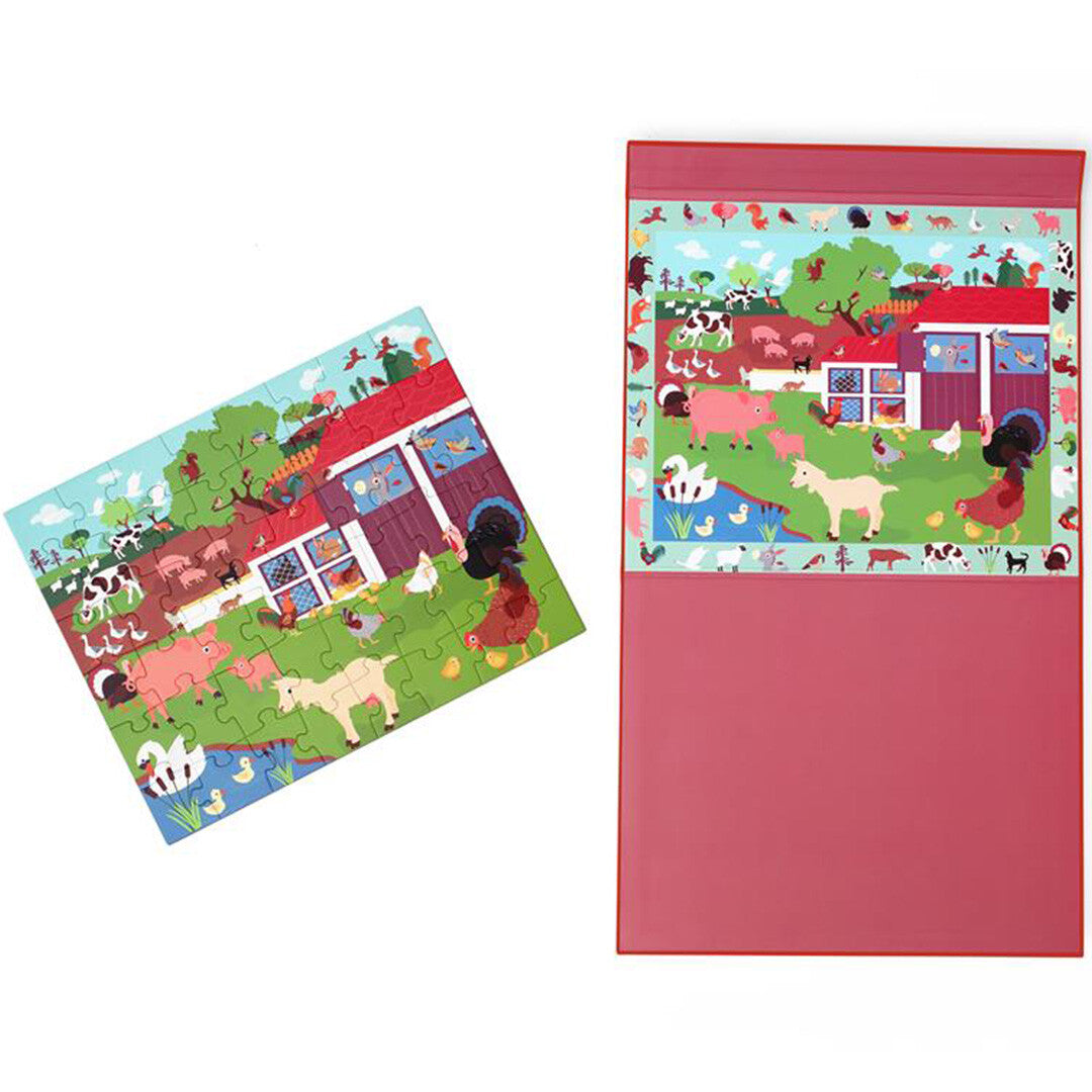 Open Scratch Europe magnetisch puzzelboek met deels gemaakte boerderijpuzzel en de complete puzzel ernaast.