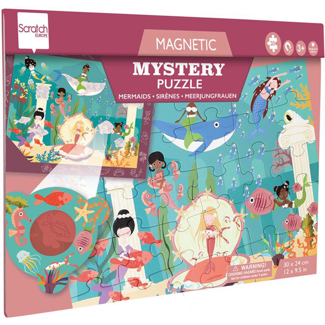 Verpakking van het Scratch Europe magnetisch puzzelboek met zeemeerminnen thema.