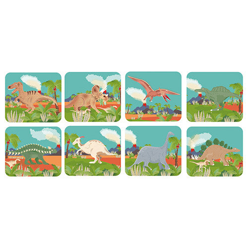 Acht vierkante afbeeldingen van cartoon-stijl dinosaurussen in prehistorische landschappen.