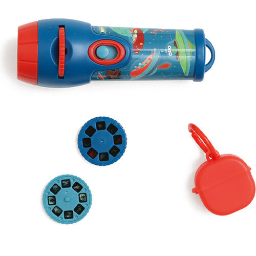 Scratch Europe projectiezaklamp met ruimte-thema, twee projectieschijven en een rood opbergdoosje.