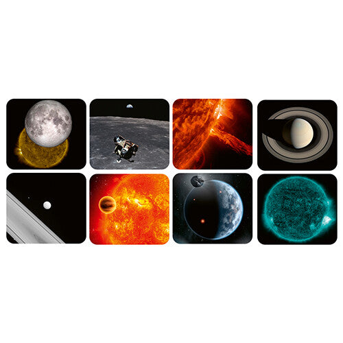 Acht vierkante afbeeldingen van realistische planeten en hemellichamen.